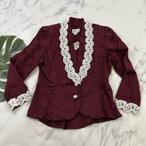 Jeffrey Dara Womens Vintage 90s Jacquard Blazer Jacket Size 12 Red White Lace